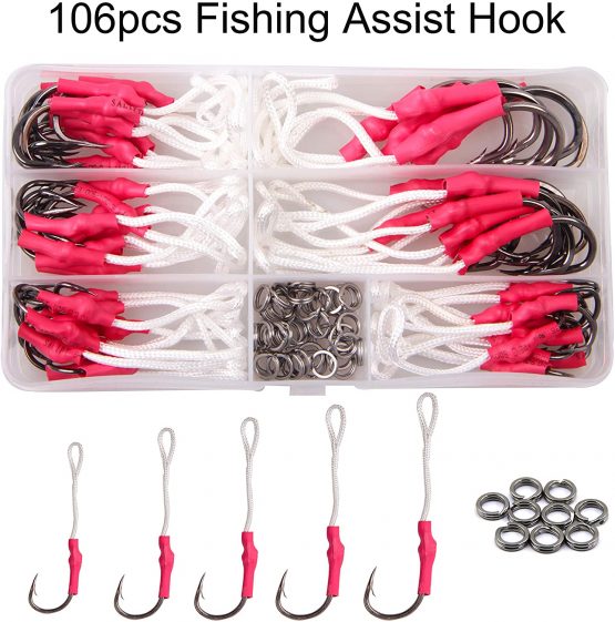 SHADDOCK 106pcs Fishing Assist Hooks Tackle 420 Stainless Steel Jigging Assist Fishing Hooks Kit with Strong PE Line Split Rings
