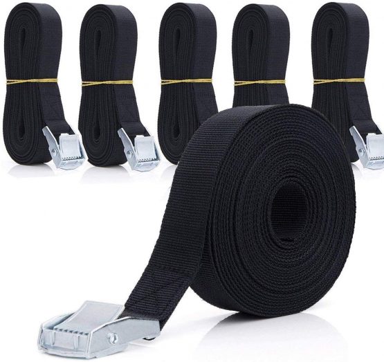 ASelected 5M Lashing Straps - 6 Pack Trailer Tie Down Straps Car Roof Rack Straps with Cam Buckle - Black Heavy Duty Tensioning Belts Ratchet Tension Strap for Fixed Bicycles Cargoes Kayaks Luggage