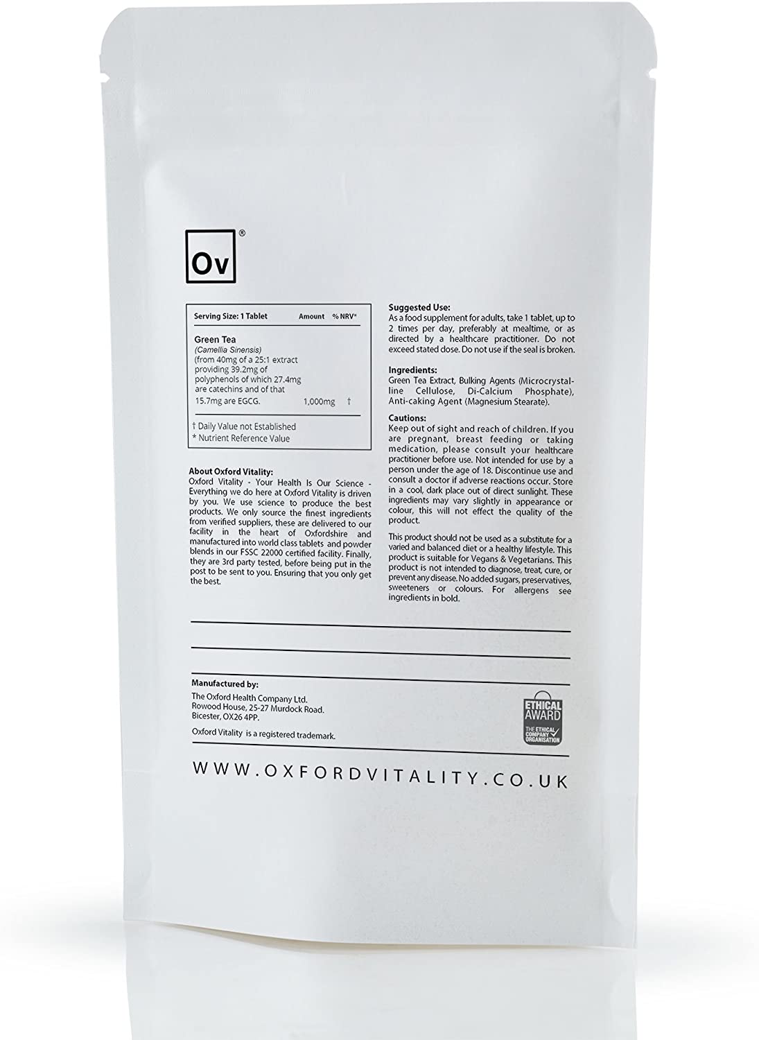 Green Tea Tablets | 1000mg Supplements | Slimming, Weight Loss & Antioxidant | Oxford Vitality - Image 2