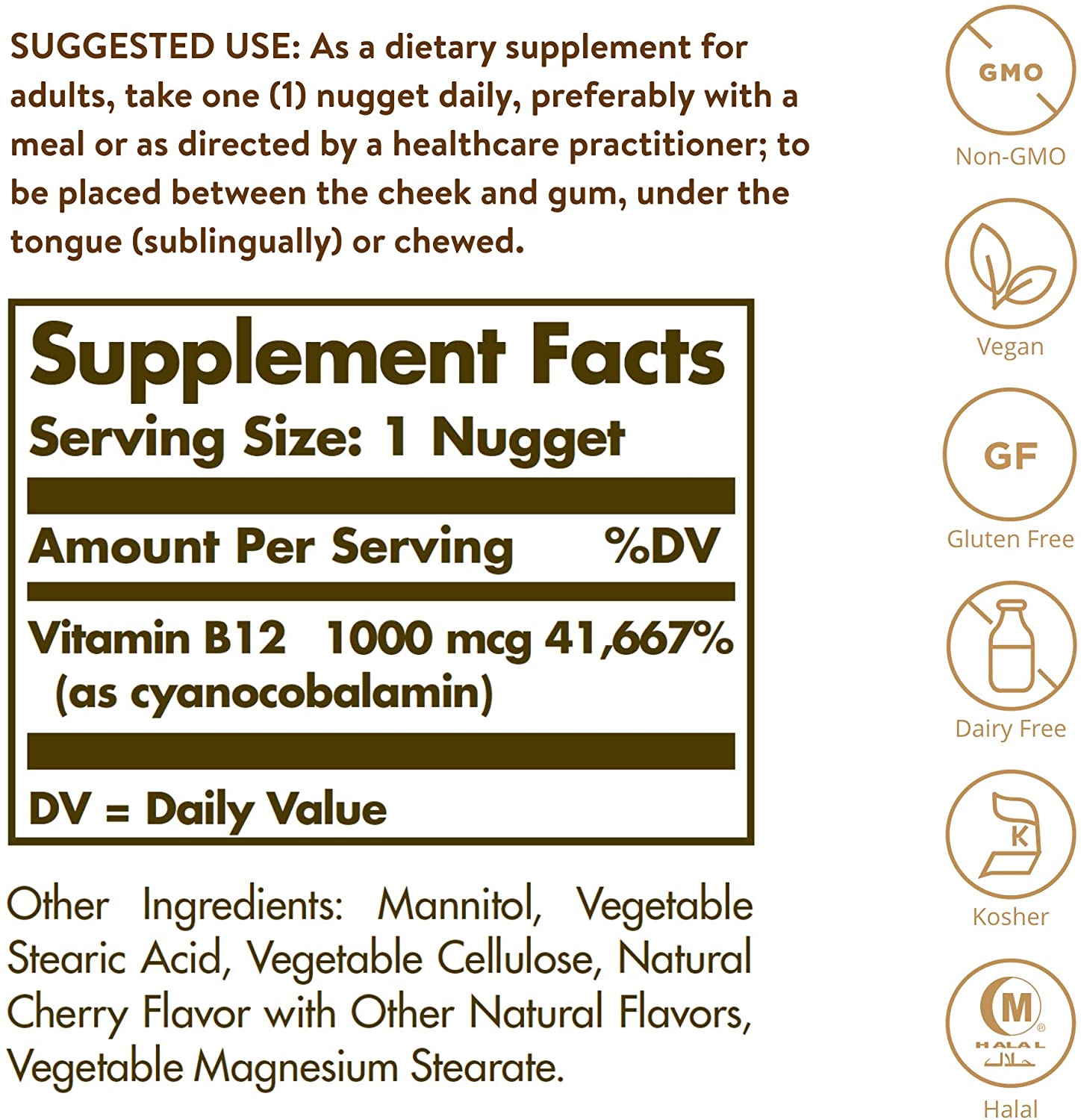 Solgar Vitamin B12 1000 µg Sublingual Chewable Nuggets - Pack of 250 - Reduces Fatigue and Supports Energy Release - Vegan - Image 2