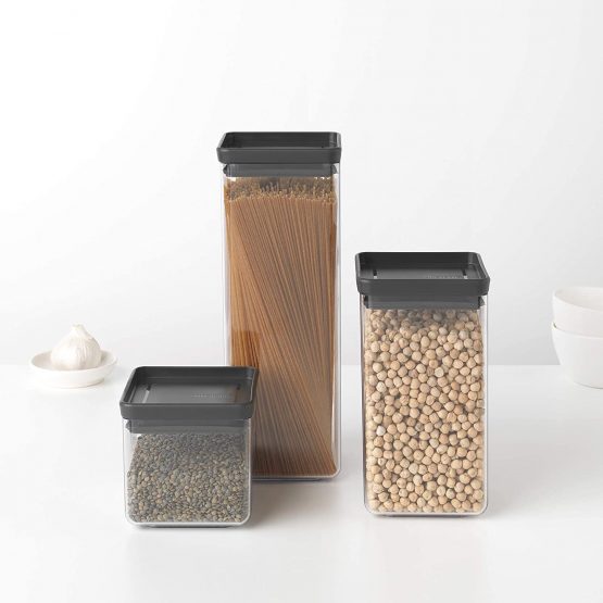 Brabantia Tasty+ Square Stackable 2.5L Food Canister/Storage Jar (Dark Grey) Space Saving Transparent Plastic Tubs with Lids - Image 4