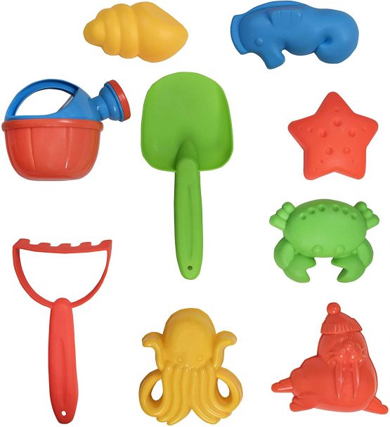 Toys 4 U Beach Toys Mega Pack Bulk Beach & Sandbox Play Set w/ Unique Crab, Shell & Sea Life Sand Molds, Shovel, Rake, Watering Can & BONUS Basket Carry Bag w/ Handles Available in Pink or Blue - Image 4