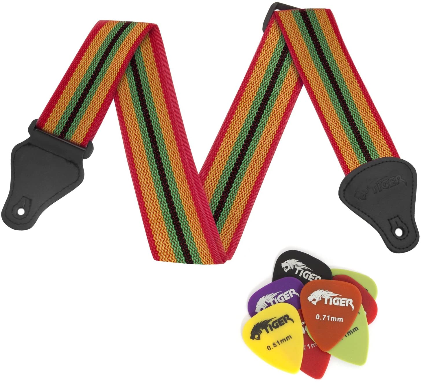 Tiger STPK2-RB Nylon Guitar Strap with 3 Pick holders - Pack of 12 Picks Included - Reggae Design, Colourful, 92 x 5 x 0.2 cm
