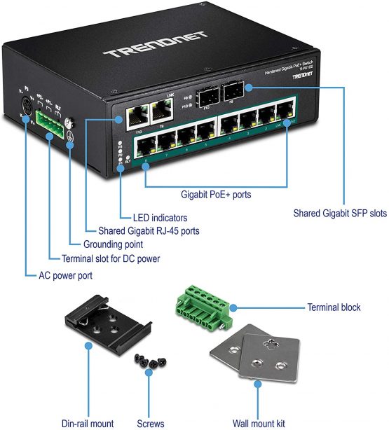 TRENDnet 10-Port , TI-PG102, 8 x Gigabit PoE+ Ports, DIN-Rail Mount, 2 x SFP Slots, 240 W PoE Power Budget, Network Switch, IP30, VLAN, QoS - Image 2