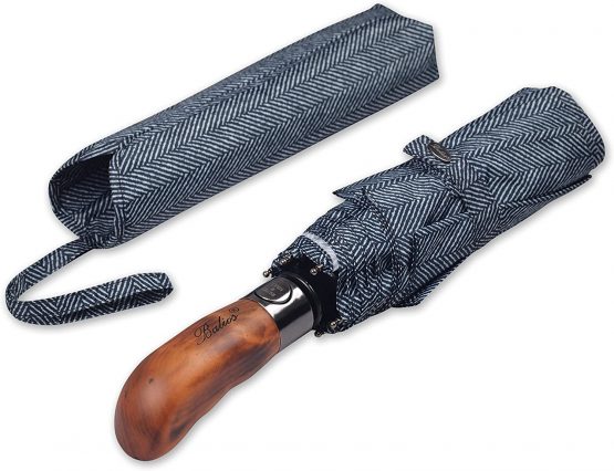 Balios Travel Umbrella Wood Handle Auto Open Close Single Canopy Herringbone