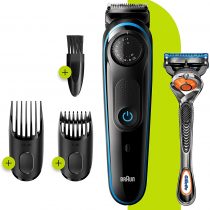 Braun Beard Trimmer & Hair Clippers with Gillette Fusion5 ProGlide Razor, 39 Length Settings, UK 2 Pin Plug, BT3240, Black/Blue