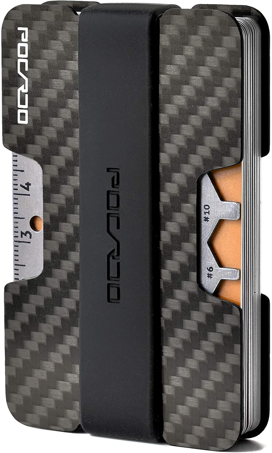 POCARDO Credit Card Holder with Coin Compartment, Multitool & RFID Blocking Card, Black and Amber, 2.2 x 3.54 x 0.12 cm