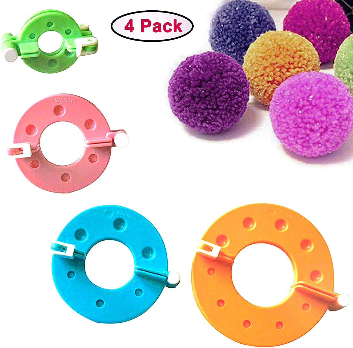 Curtzy Plastic Pom Pom Maker Kit (4 Pack) 4 Sizes (3.5, 5.5, 7 & 9cm