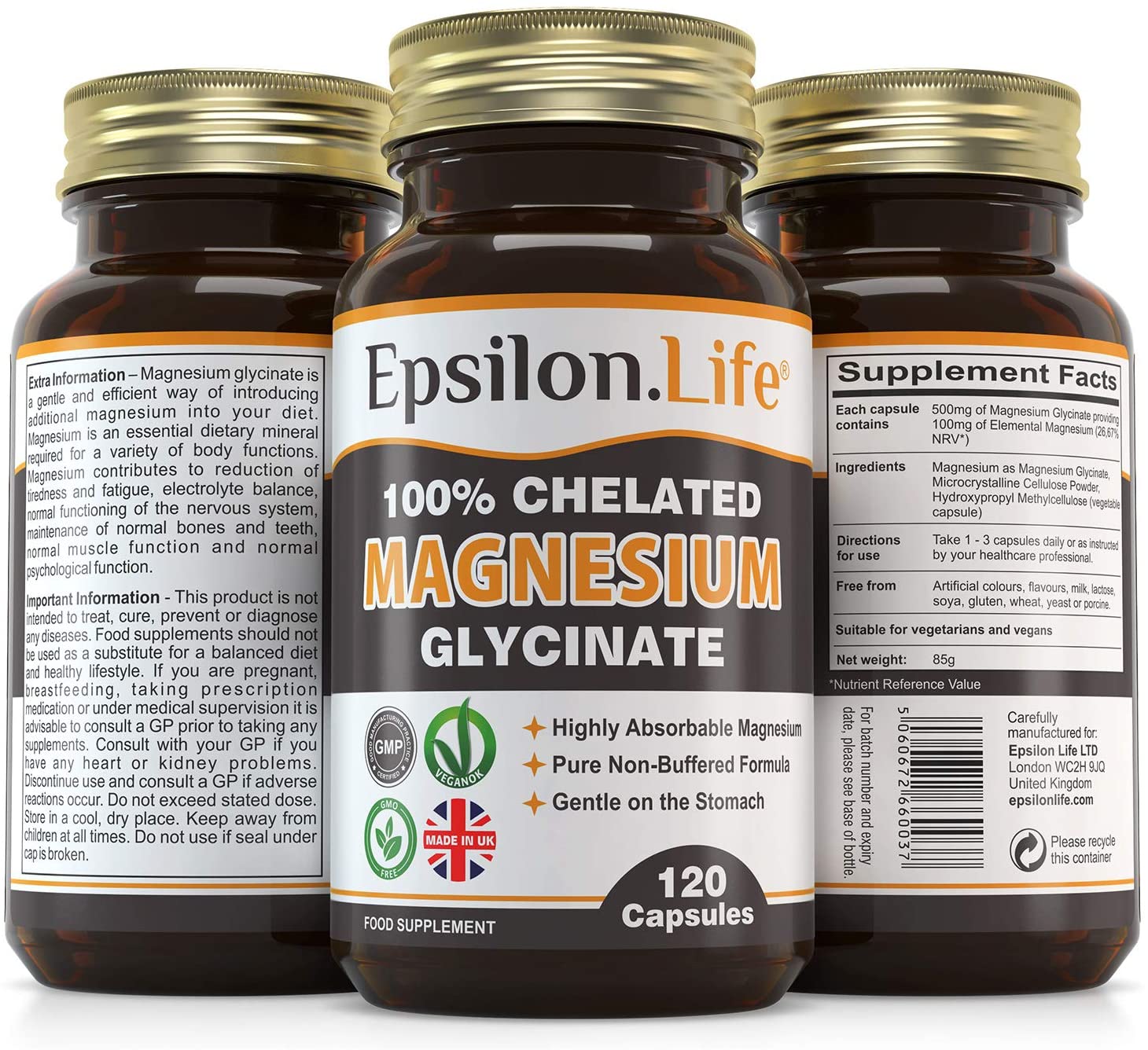 Epsilon Life Magnesium Glycinate 500mg, Chelated & Unbuffered Bisglycinate (No Oxide) - Image 2