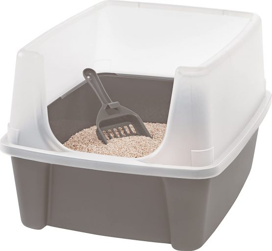 Iris Ohyama, Cat litter tray with high sides, no litter spill, removable high rim, entrance height: 15 cm, scoop included, for cat - Cat Litter Box CLH-12 - Taupe