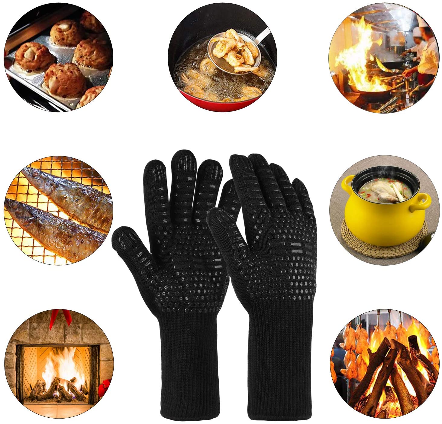 EXTSUD Black BBQ Grill Gloves, Grilling Gloves Heat Resistant Oven