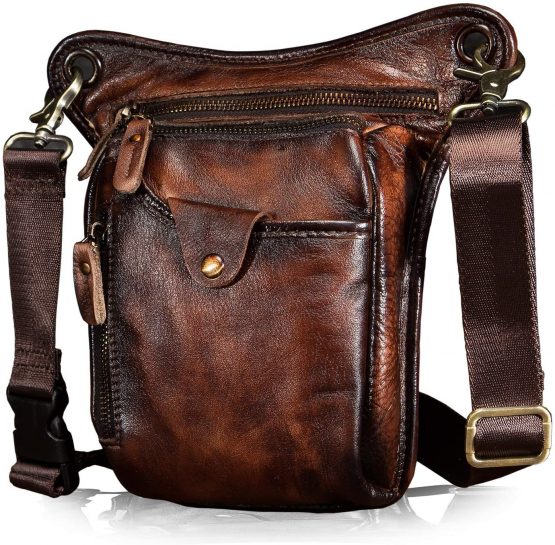 Le'aokuu Mens Genuine Leather Motorcycle Waist Pack Messenger Shoulder Drop Leg Bag 211-5 (211-5 A Red-Brown)