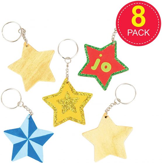 Baker Ross AV609 Wooden Star Keyring Kit, For Kids to Assemble and Attach to Key Rings and Bags (Pack of 8), Wood, 6cm - Image 2