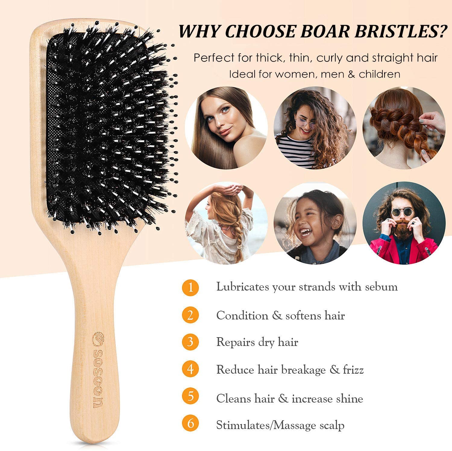Hair Brush, Sosoon Boar Bristle Paddle Hairbrush for Long Thick Curly Wavy Dry or Damaged Hair - Image 3