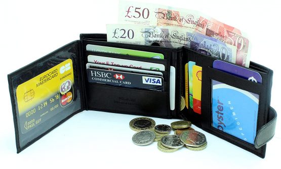 Men's RFID Passcase Trifold Rela Leather Wallet Multi Card Slots With Zip Coin Pocket Pouch 304 (Black) - Image 3
