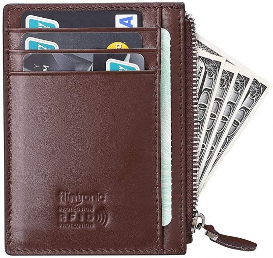 flintronic Credit Card Wallet, RFID Blocking Genuine Pink Leather Card Holder Anti Theft (1 Zipper compartments, 6 Card Slots & 1 ID/Photo Window) Slim Pocket Purse for Men & Women - Image 2
