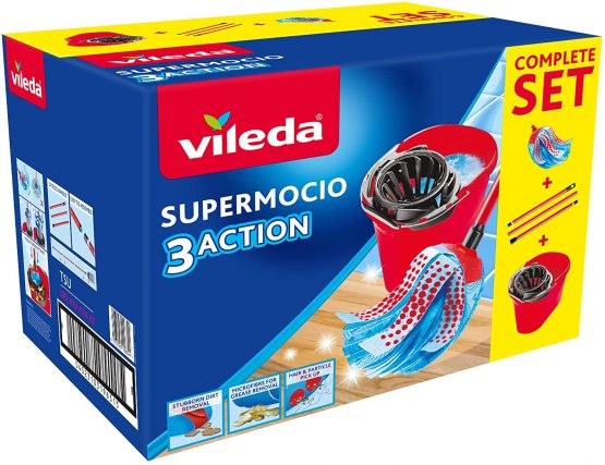 Vileda SuperMocio 3Action Mop and 10 L Bucket Set, Red/Blue - Image 2