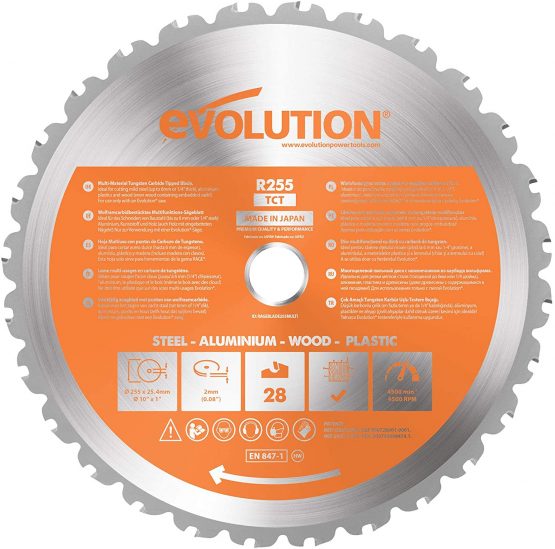 Evolution RAGEBLADE255MULTI - 255 mm Multi Material Mitre Saw Blade (AKA Wood Blade, Metal Cutting Blade, TCT Saw Blade) - Carbide Tipped Blade Cuts Wood, Metal and Plastic