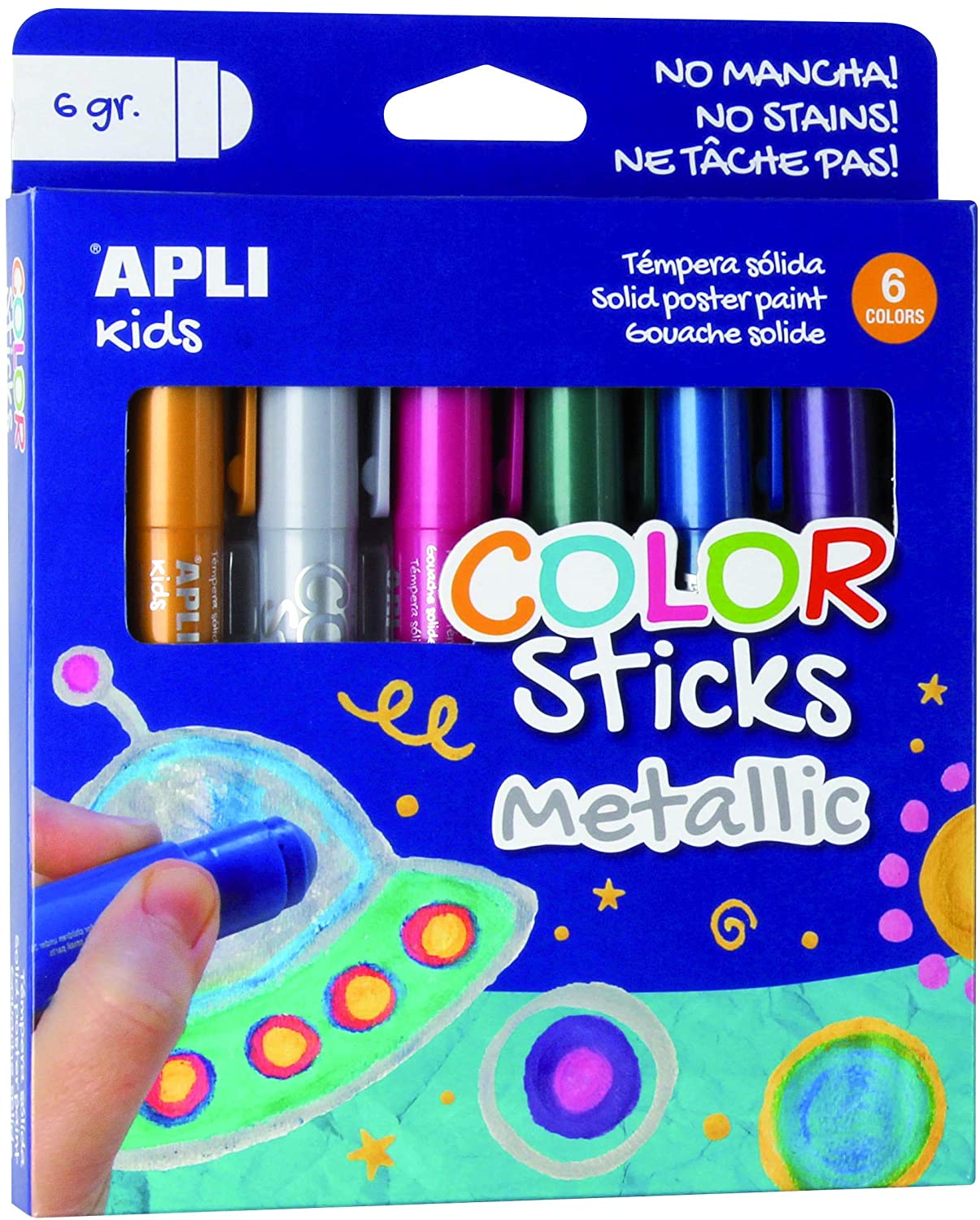 Apli Kids Colouring Sticks 6g Assorted Metallic Pack of 6, 6 count (Pack of 1)