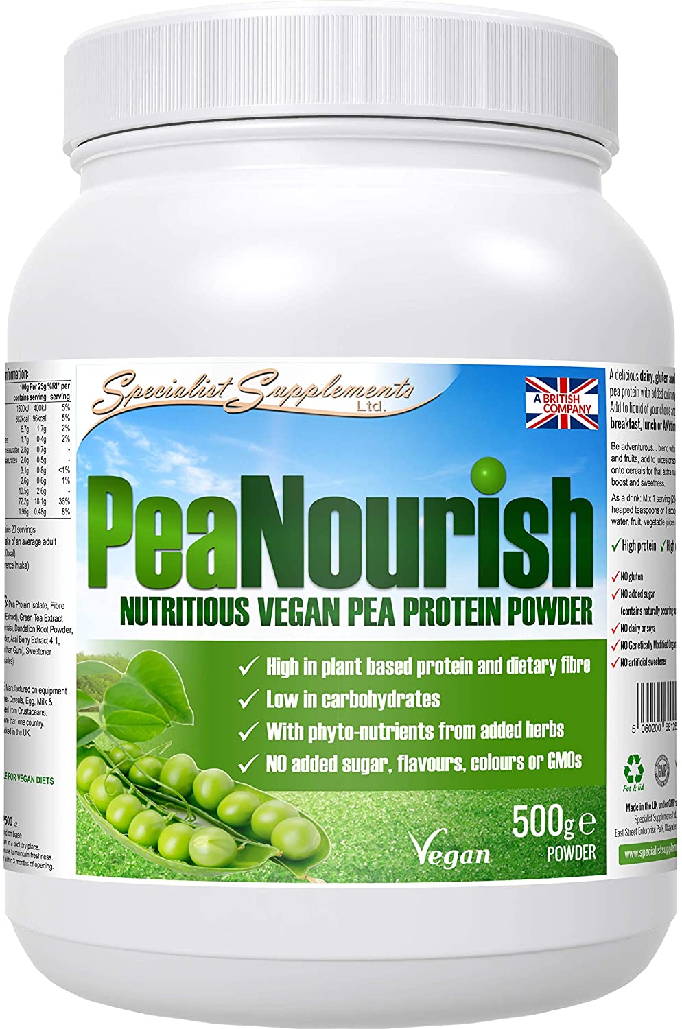 Specialist Supplements PeaNourish Pea Protein Powder 500g, Green