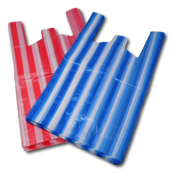 100 Medium Candy Stripe Plastic Vest Carrier Bags (BUY ONE GET ONE FREE - 200 BAGS FOR THE PRICE OF 100)