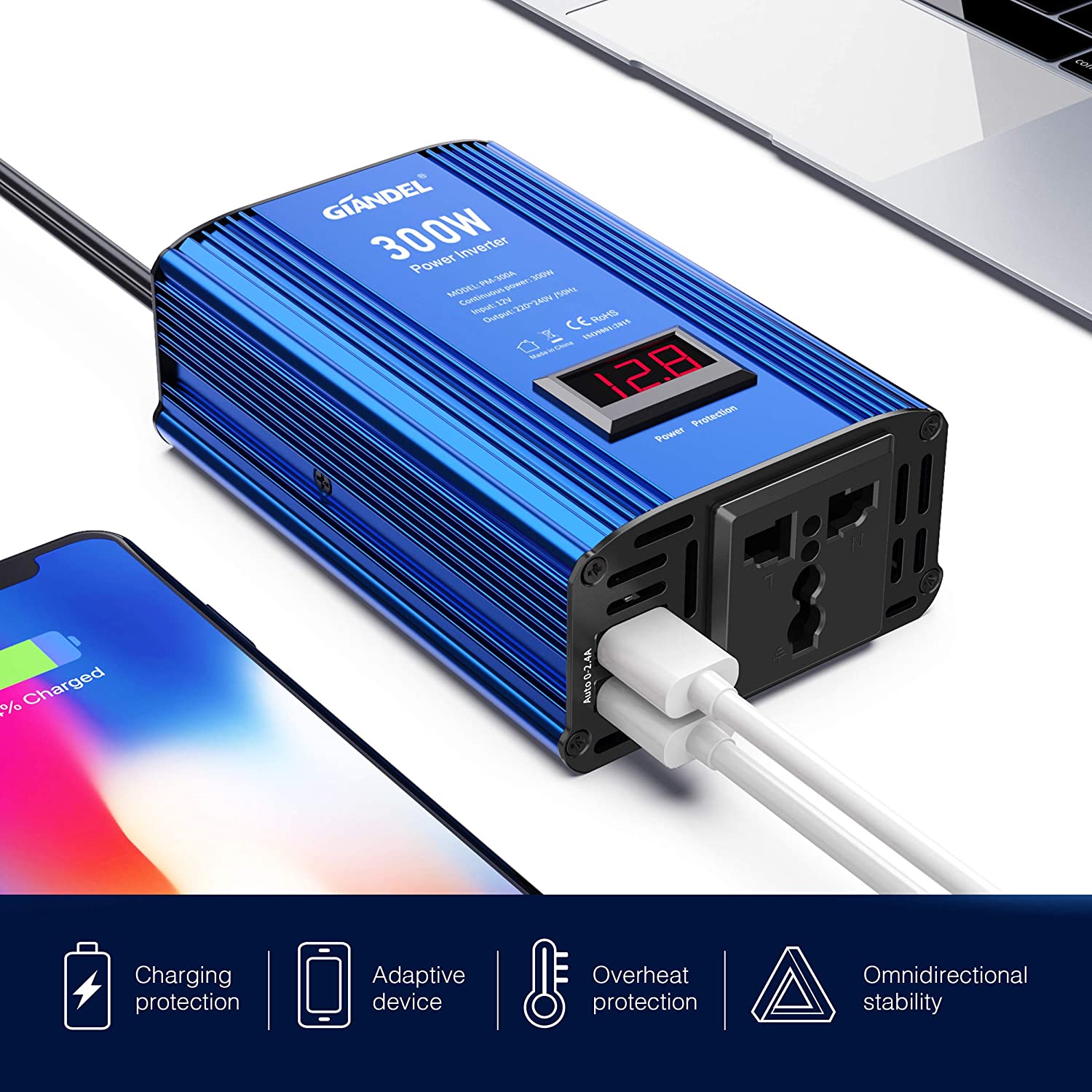 GIANDEL Car Power Inverter 300W Modified Wave DC 12V to 240V 230V AC Car Inverter with 4.8A Dual USB Car Adapter with LED Display - Image 2