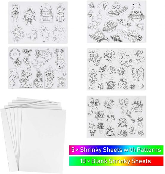 TUPARKA 60 Pcs Heat Shrink Plastic Sheet Kit, Shrink Sheets Creative Pack,Including 10Pcs Blank Shrink Film Paper and 5 Pcs Shrink Art Paper with Pattern,Hole Punch,Keychains,Pencils for Kids - Image 2