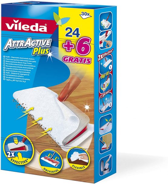 Vileda AttrActive Plus Disposable Electrostatic Dust Cloth Replacement, 24+6 Pieces