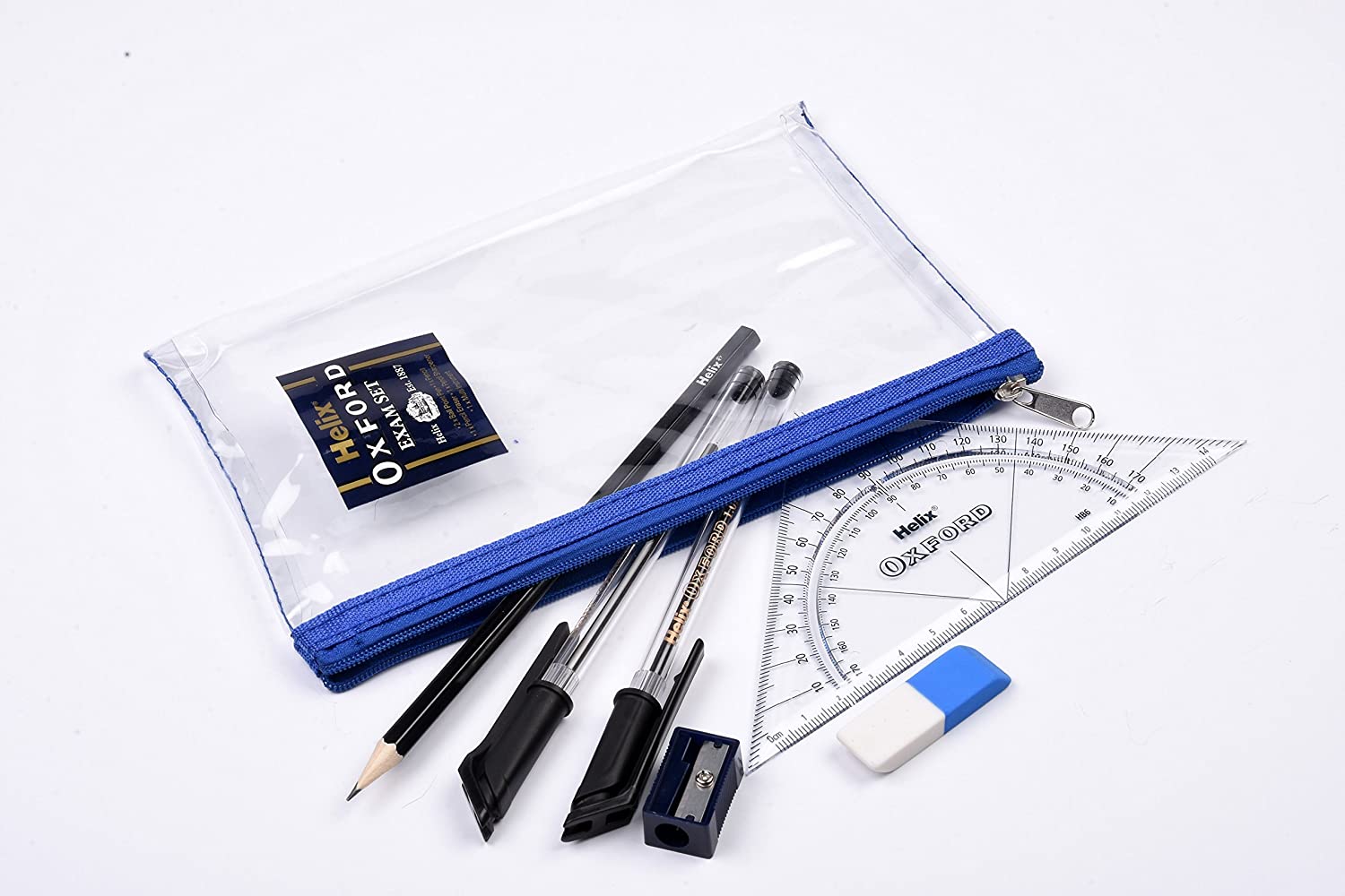 Helix Oxford Filled Exam Pencil Case Set, Clear Case with Black Ballpoint Pens, Pencil, Eraser - Image 3