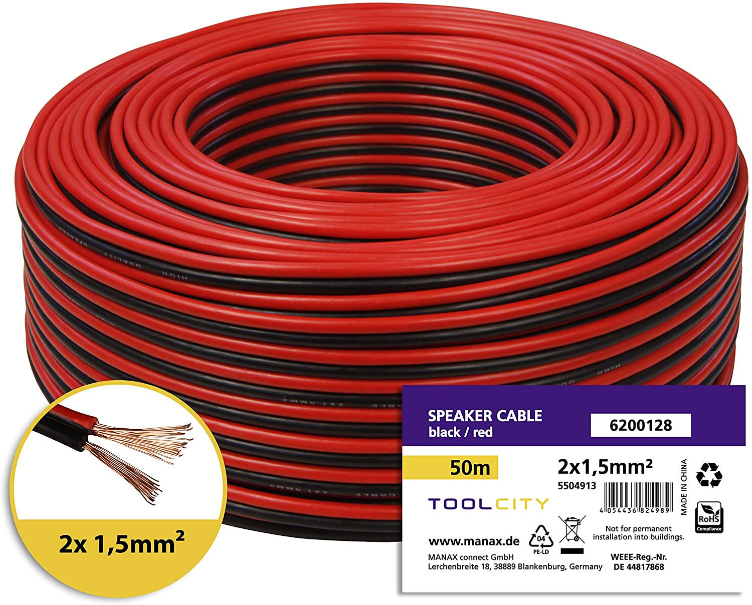 toolcity Speaker Cable (Twin Wire) 2 x 1.50 mm² 50 m Red/Black, 50m - 1,5mm² - Image 2