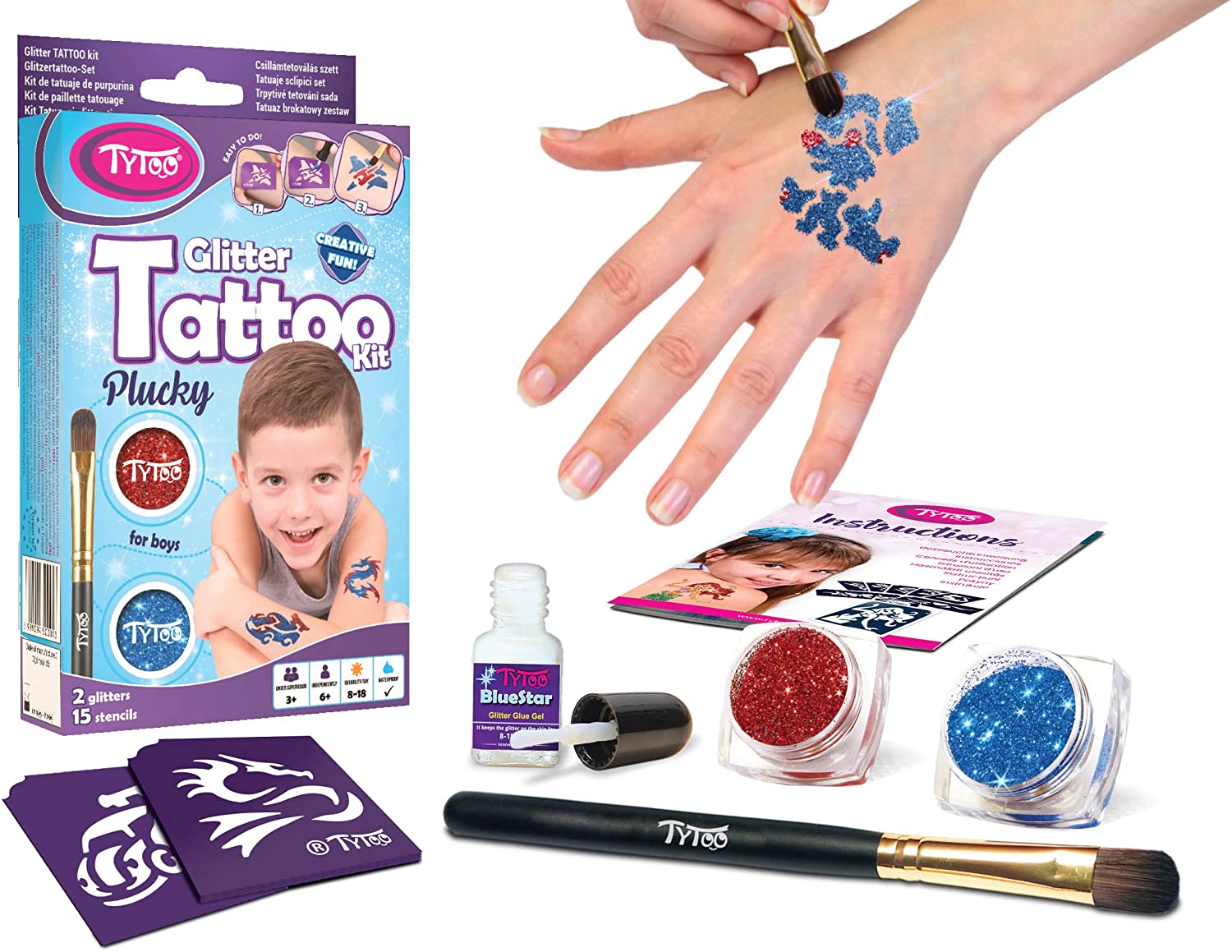 Glitter Tattoo Kit for Boys with 15 amazing stencils - HYPOALLERGENIC AND CRUELTY FREE - 8-18 lasting temporary tattoos - Image 2