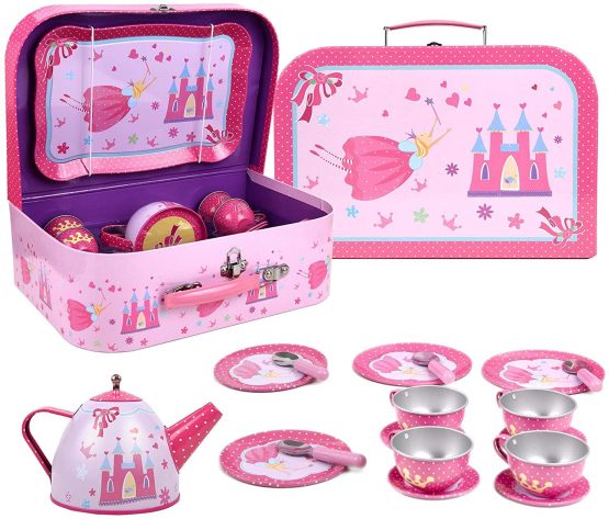 SOKA Fairy Tale Princess Metal Tin Teapot Set with Carry Case Toy for Kids - 18 Pcs Illustrated Colourful Design Toy Tea Party Set for Boys and Girls Pretend Role Play - Image 2