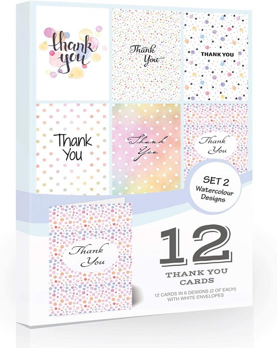 12 x Watercolour Thank You Cards by Olivia Samuel - Folding Style Multipack - Set 2 with Envelopes