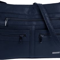 Large Faux Leather Handbag/Shoulder Bag with 7 Zip Compartments & Double Zip Top (Navy Blue)