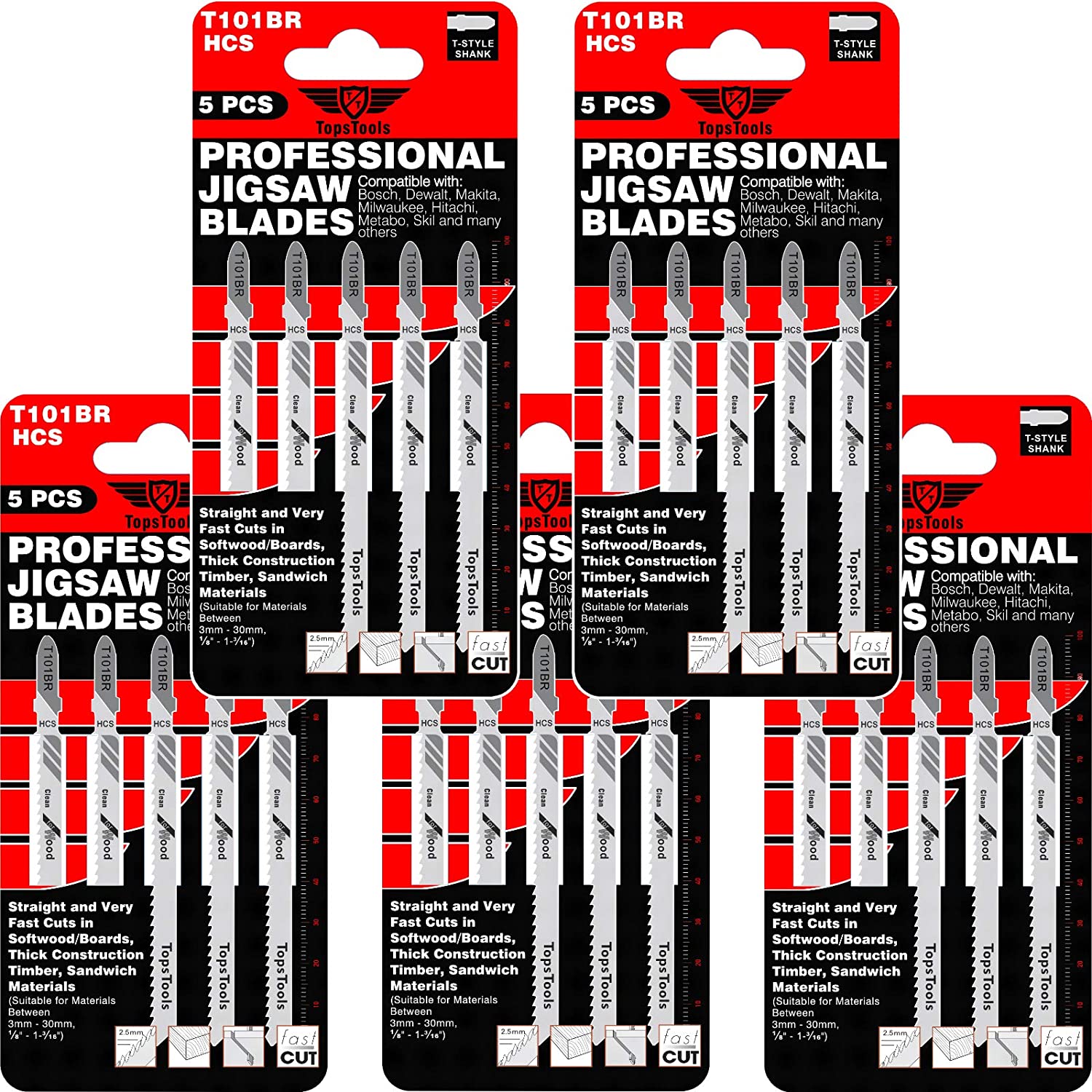 25 x TopsTools T101BR 100mm Jigsaw Blades Designed for Reverse Clean Cuts in Wood, Silver Color