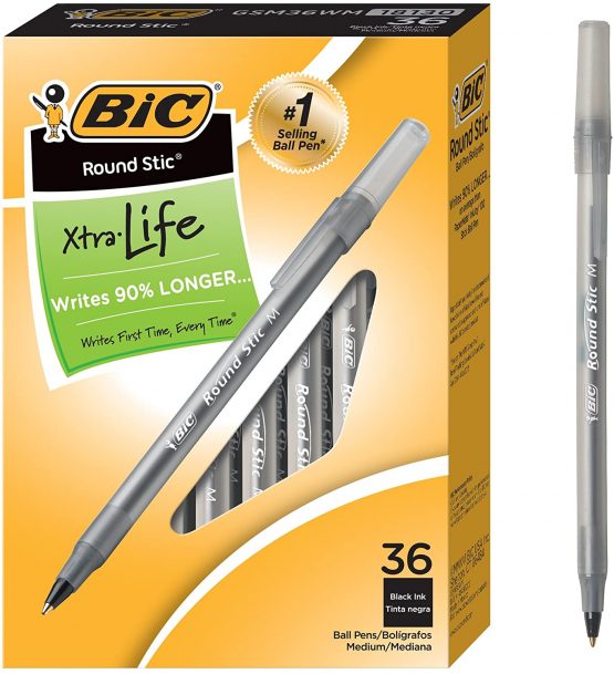 BIC Round Stic Xtra Life Ballpoint Pen, Medium Point (1.0mm), Black, Flexible Round Barrel For Writing Comfort, 36-Count