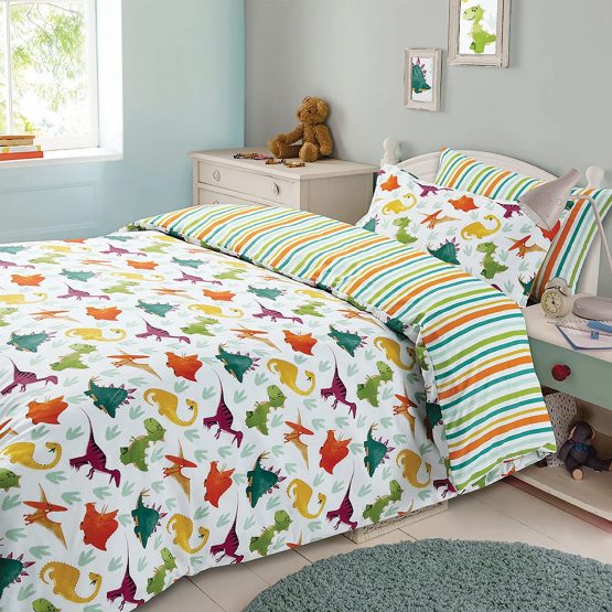 Dreamscene Kids Duvet Cover Pillowcase Bedding Set Boys Girls Dinosaur Reversible Stripe - Single