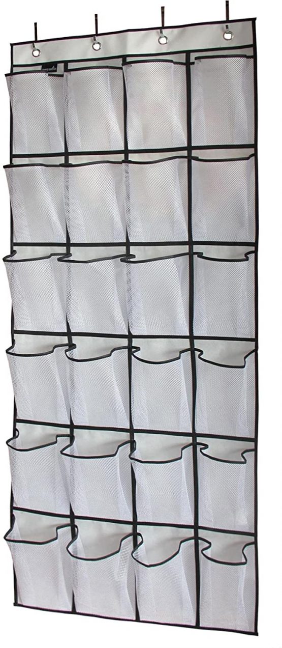 MISSLO Over the Door Shoe Storage Organiser Hanging Shoe Rack Holder 24 Large Mesh Pockets for Wardrobe Door Tidy with Hanger(White)