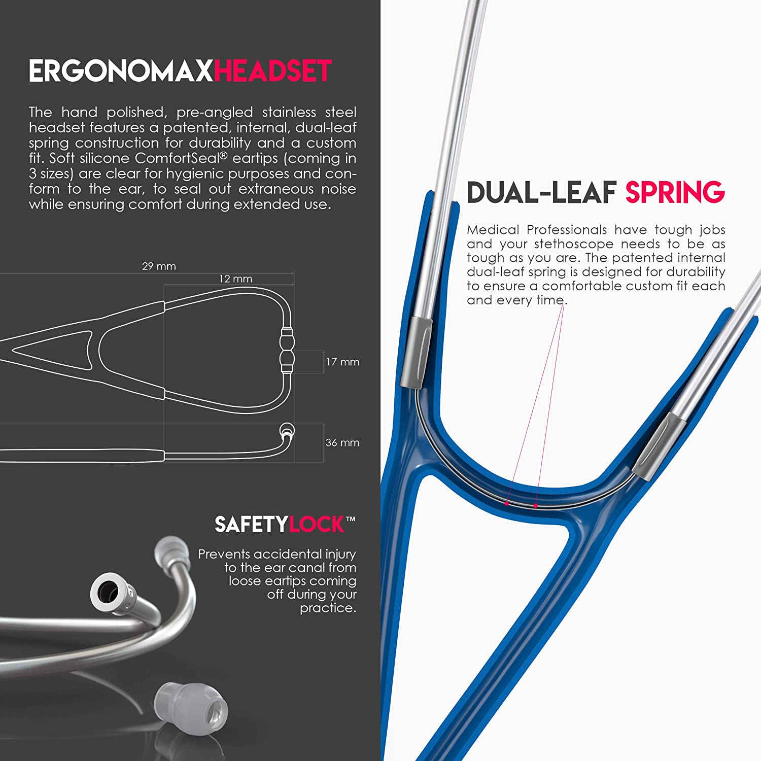 MDF ProCardial Cardiology Stethoscope, Stainless Steel, Adult, Dual Head, Free-Parts-for-Life, Royal Blue Tube - Image 4