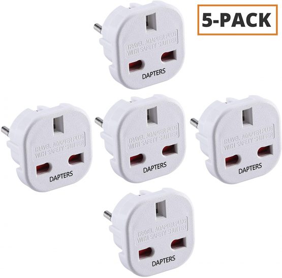Pack of 5 Travel Adapter | UK to European Plug Adapter Converter (Euro Type C, E, F) EU Plugs for travelling to Italy Cape Verde Poland Spain Turkish Greece Bulgaria and more
