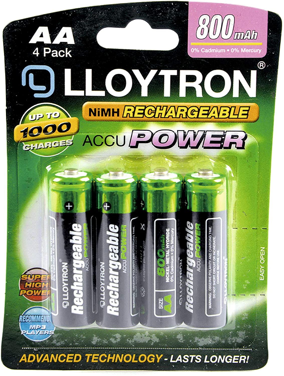 LLOYTRON NiMH Rechargeable AccuPower Batteries / AA Size / 800mAh / 4 Pack - B011, Black Green, AA 800mAh (4 Pack) - Image 2