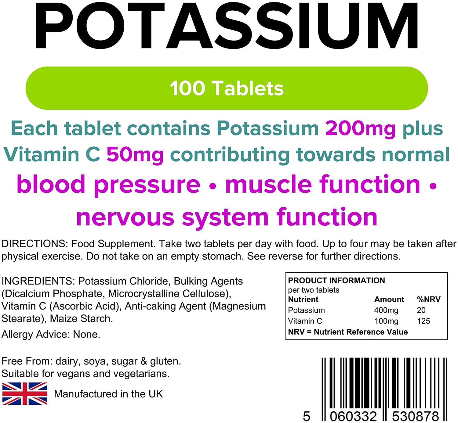 Lindens, Potassium 200mg Tablets with 50mg Vitamin C, 100 Tablets, UK Made, Contributes to Normal Blood Pressure - Image 3