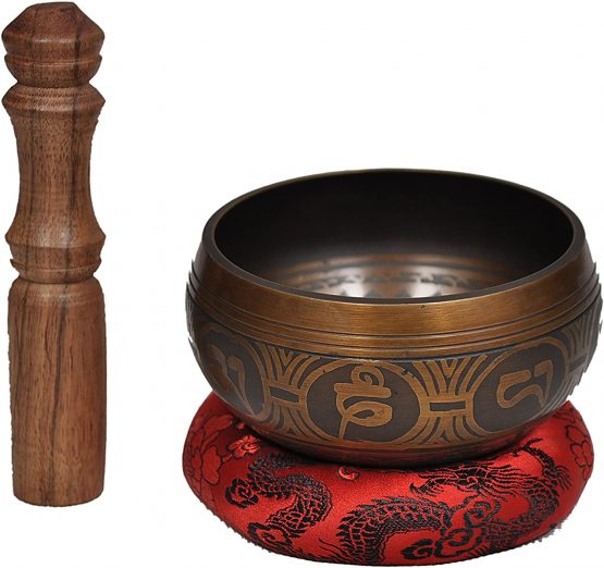 Special Etching Tibetan Singing Bowl Set By Dharma Store - Buddhism Yoga Meditation - With Striker & Cushion