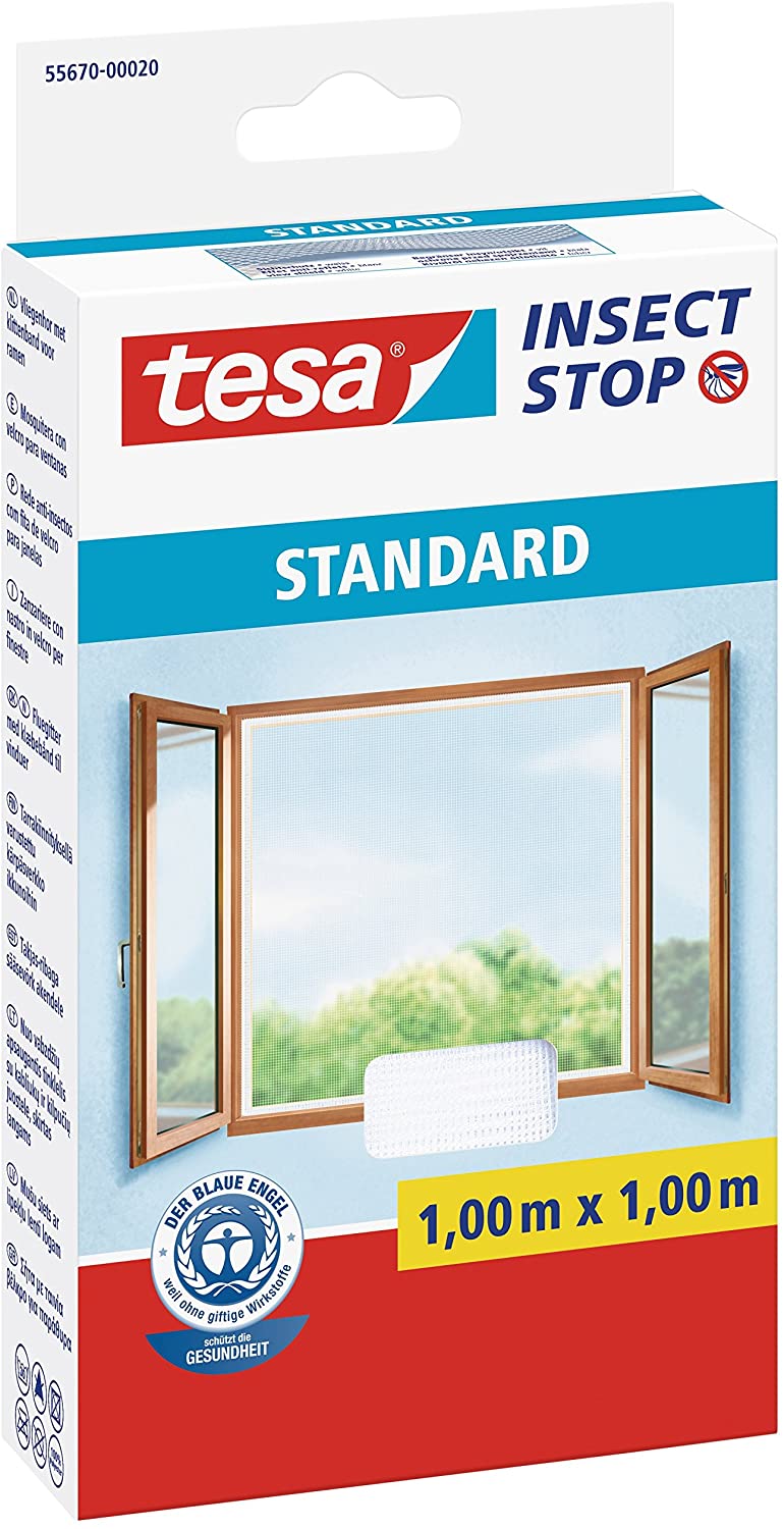 tesa Insect Stop Hook & Loop STANDARD for Windows - Self Adhesive Window Fly Screen - Cut to Desired Size - in White, 1.0m x 1.0 m