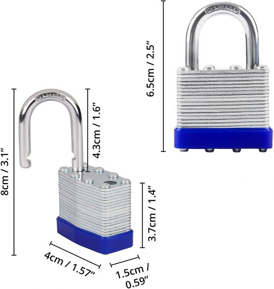 Belle Vous Heavy Duty Laminated Steel Shackle Padlocks with 2 Keys (4 Pack) - 6mm Shackle - 6.4 x 4.2 x 2.4cm/2.36 x 1.65 x 0.94 inches - Weatherproof Indoor/Outdoor Keyed Locks for Storage & Locker - Image 2