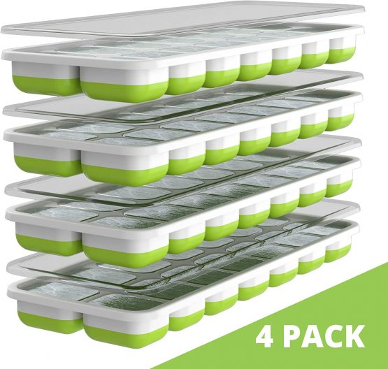 Oliver's Kitchen Ice Cube Trays - 4 x Set of Ice Moulds - Flexible Base for Easy Release Ice Cubes - Save Freezer Space with Non-Spill Stackable Lids - Dishwasher Safe - BPA Free Silicone Ice Molds