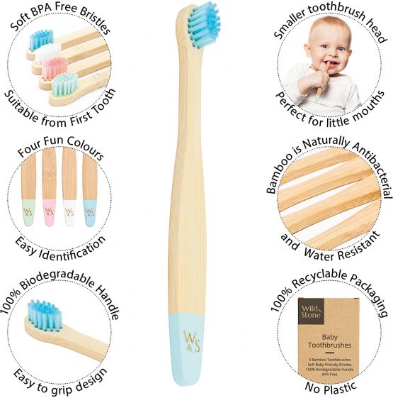 Wild & Stone Organic Baby Bamboo Toothbrush | Four Colours | Soft Fibre Bristles | 100% Biodegradable Handle | BPA Free | Vegan Eco Friendly Baby Toothbrushes - Image 2