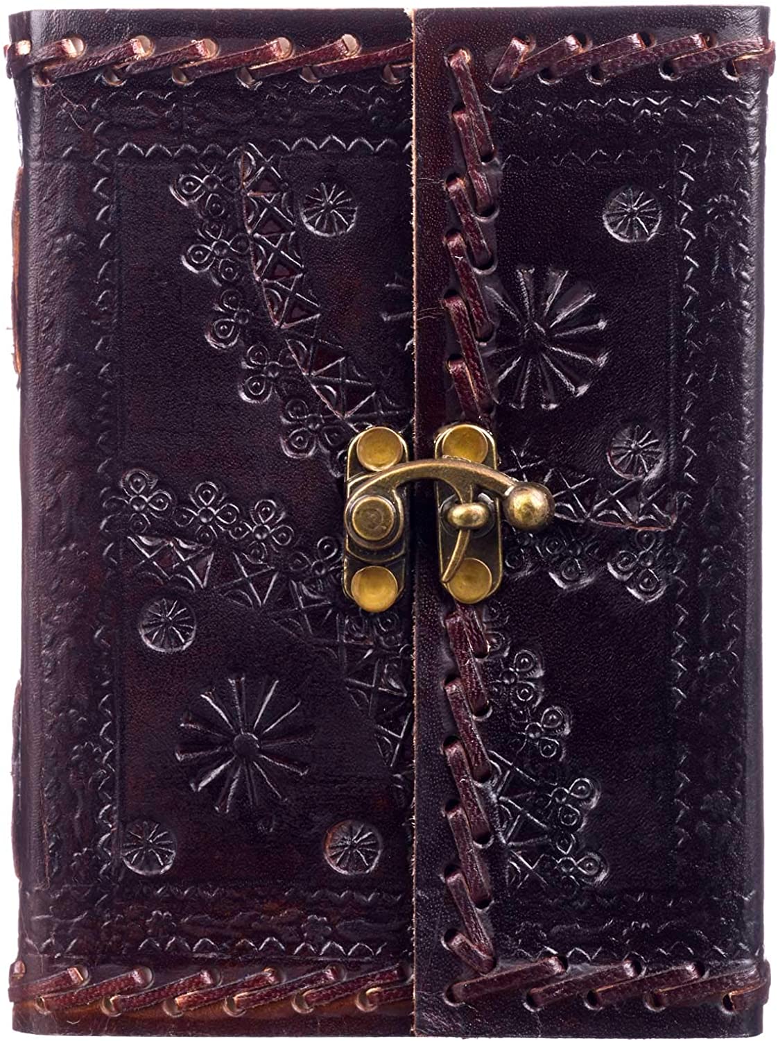 Stitched and Embossed Leather Journal with Clasp, brown