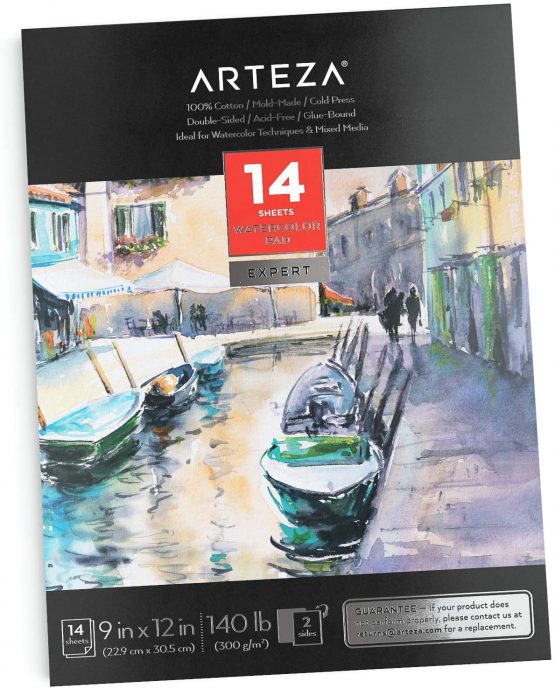 Arteza Watercolour Paper Pad, 14 Sheets, 300gsm Watercolour Paper, 22.9 x 30.5 cm, Double-Sided, 100% Cotton, Cold-Pressed, Art Supplies for Watercolour Techniques and Mixed Media
