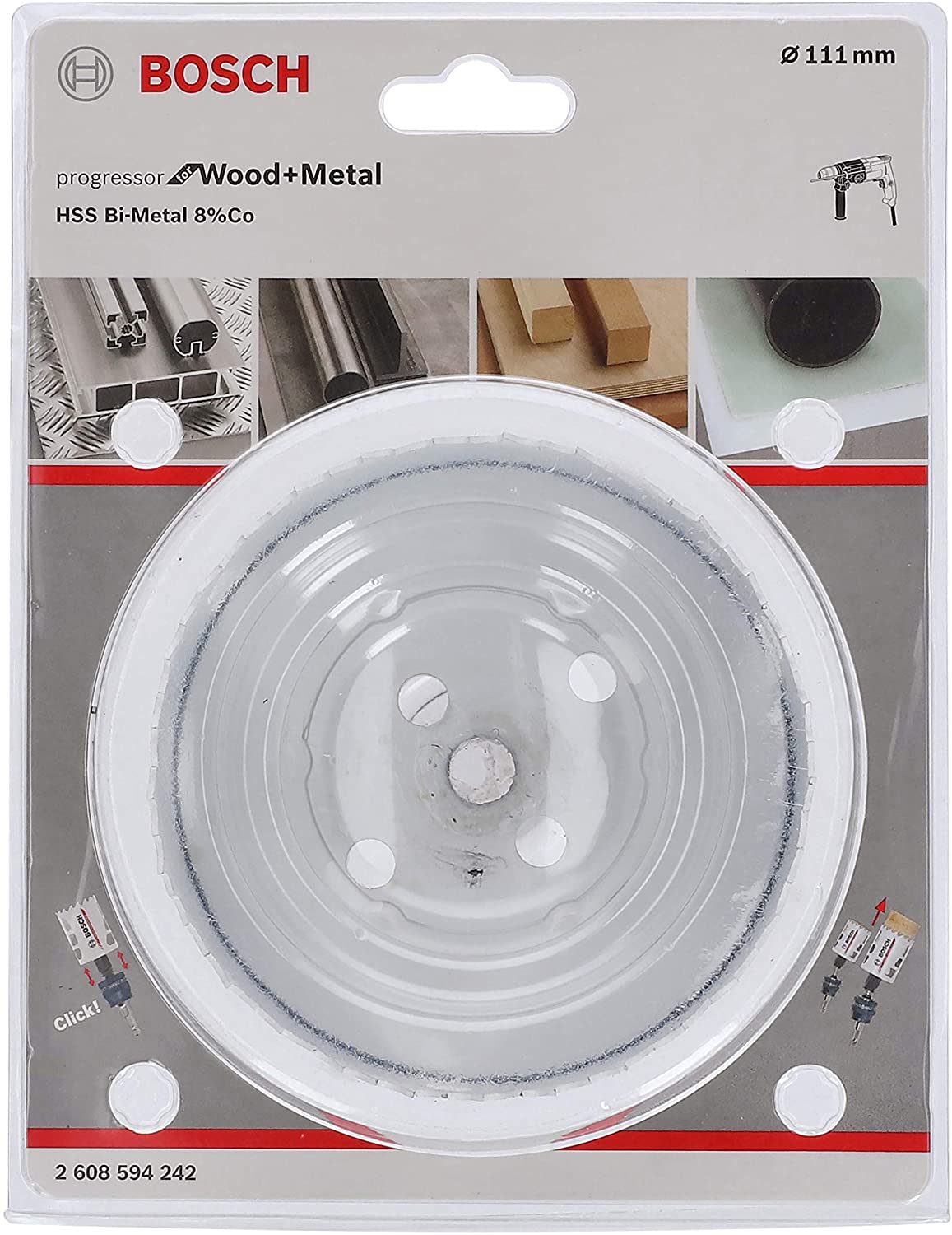 BOSCH Bi-Metal Hole Saw (for Wood and Metals 8% Cobalt Alloy, Progressive Tooth Design, diameter 111 mm, Accessory Drills)